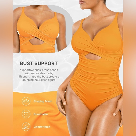 SHAPELLX Tummy Control Swimsuit Women V Neck One Piece Ruched Built-in Bra - Picture 2 of 10